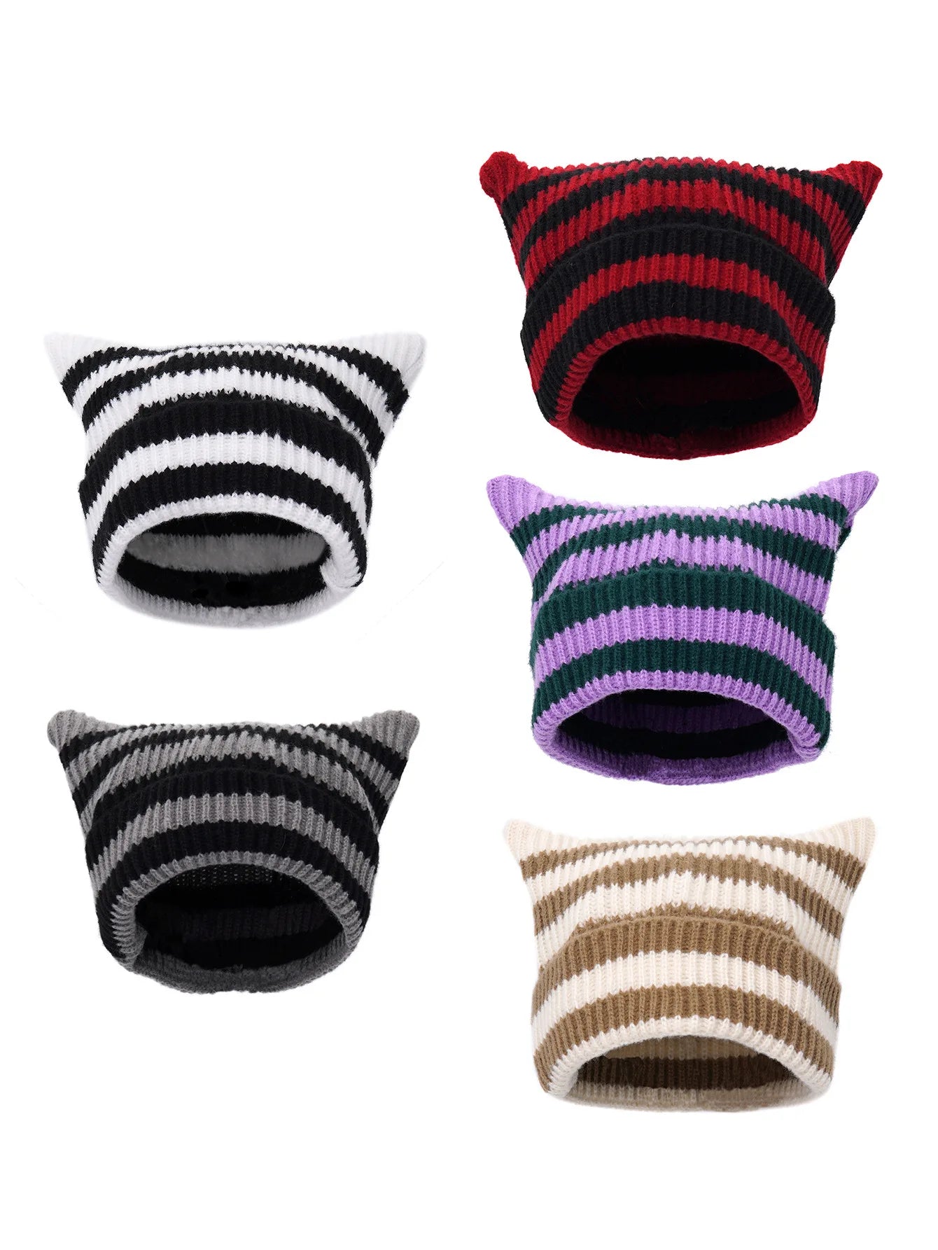 Bonnet Oreilles Chat Étoiles Rayures YK2 - Bonnet Hiver Femme Fille Petit Diable Tricoté Party