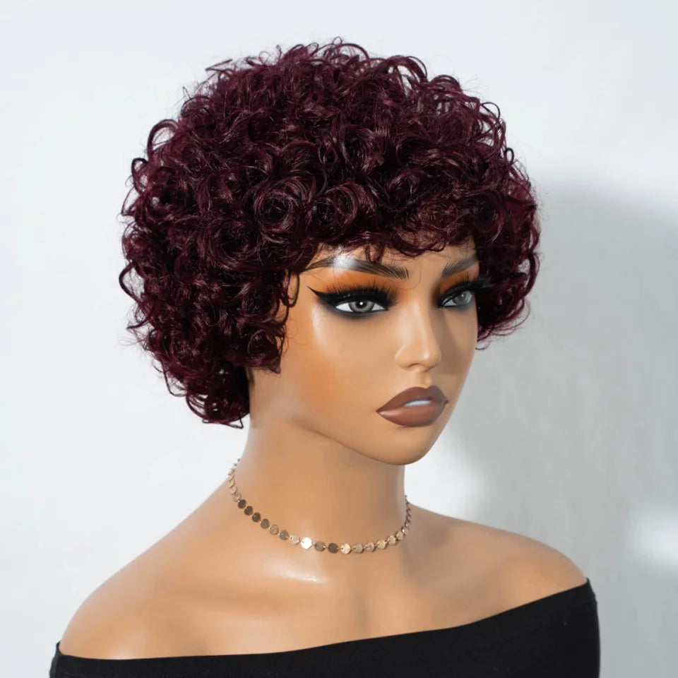 Perruque Courte Pixie Afro Bouclée avec Frange - Cheveux Naturels Brésiliens Remy