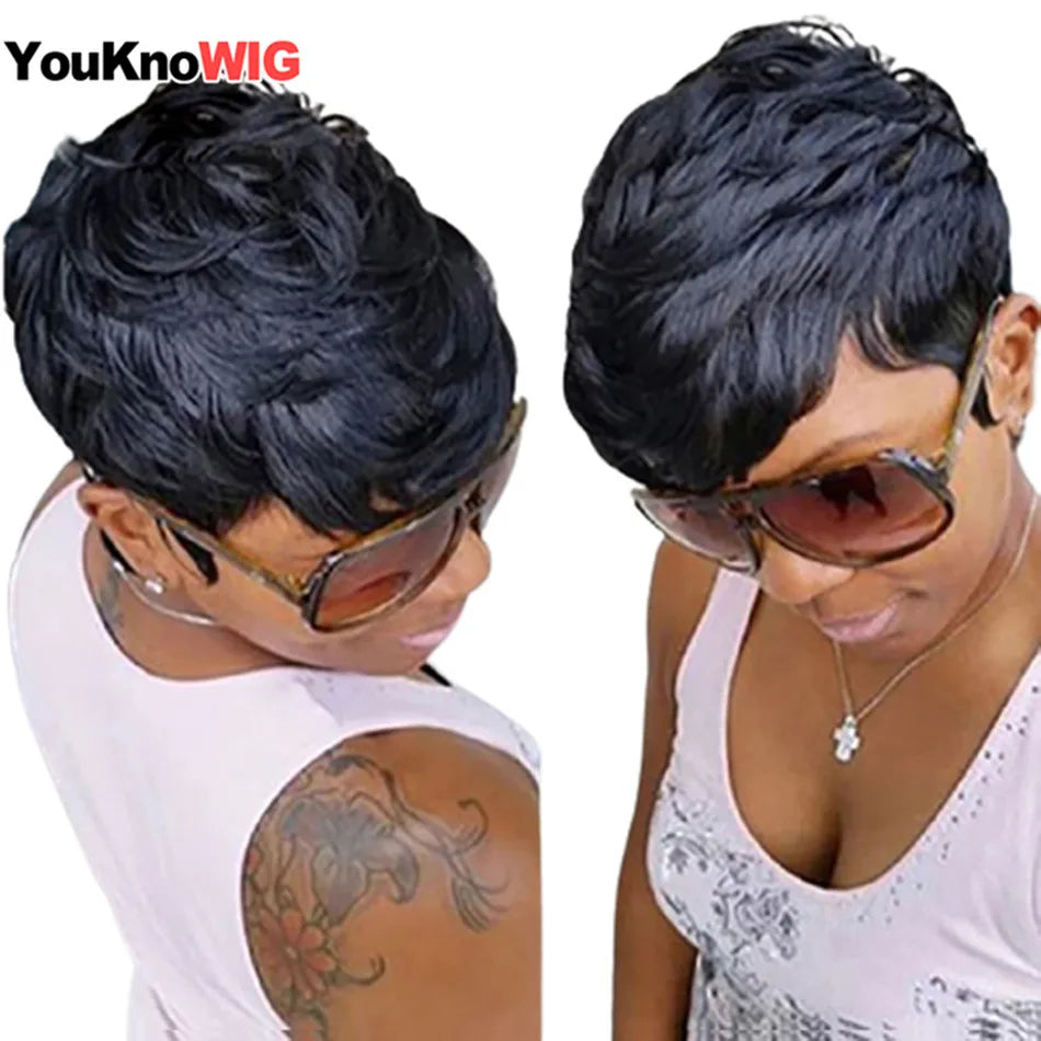 Perruque Cheveux Humains Pixie Cut Courte Bob - Machine Made Sans Lace Brésilienne Remy Femme