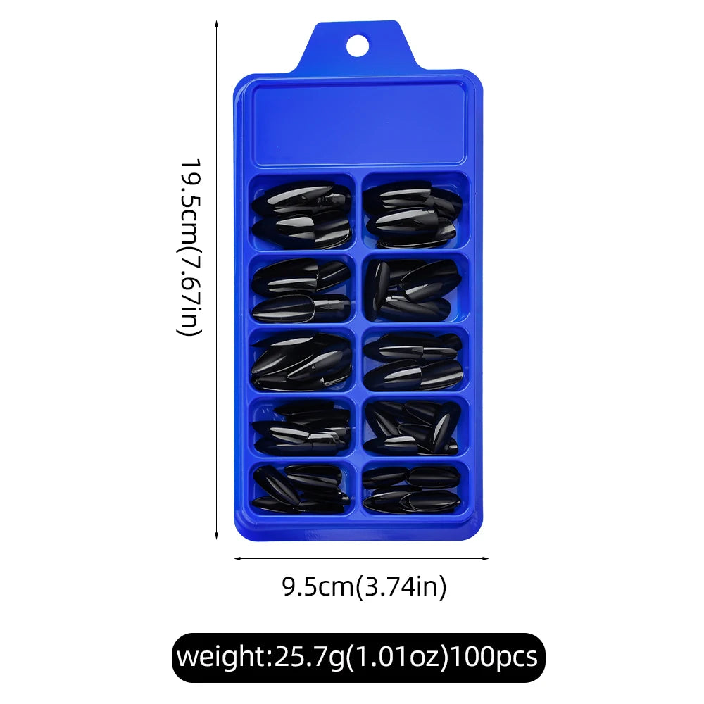 Lot 100pcs Faux Ongles Amande Longueur Moyenne - Capsules Noir Mat Ballerine Manucure Artificiel Extension Ongles