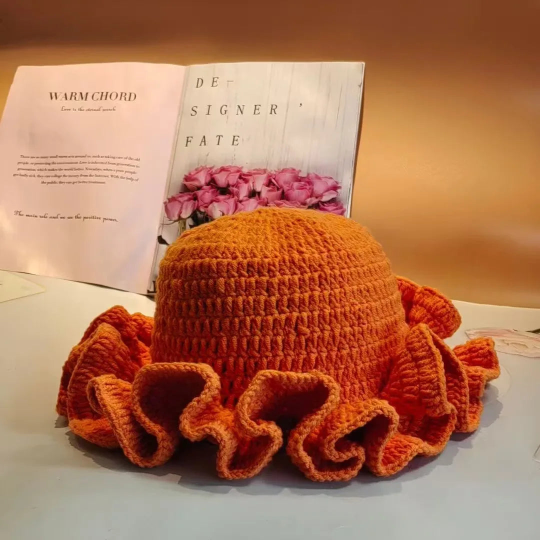 Chapeau Bob Crochet Tricoté Main Femme - Bonnet Pêcheur Bordure à Volants Couleur Unie pour Automne Hiver