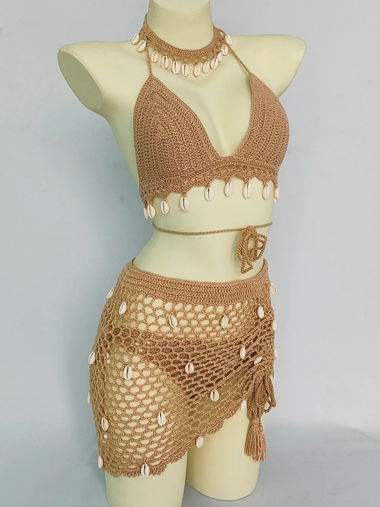 Ensemble Bikini 4 Pièces Crochet avec Coquillages - Top à Franges, Sexy,Taille Haute et Jupe
