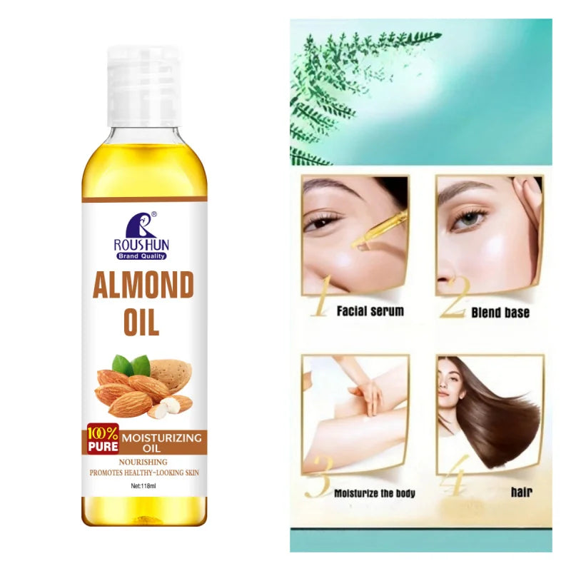Huile Corps Amande Douce 118ml ROUSHUN - Hydratation Multi-Usages Visage Corps Mains Lèvres Yeux, Format Généreux