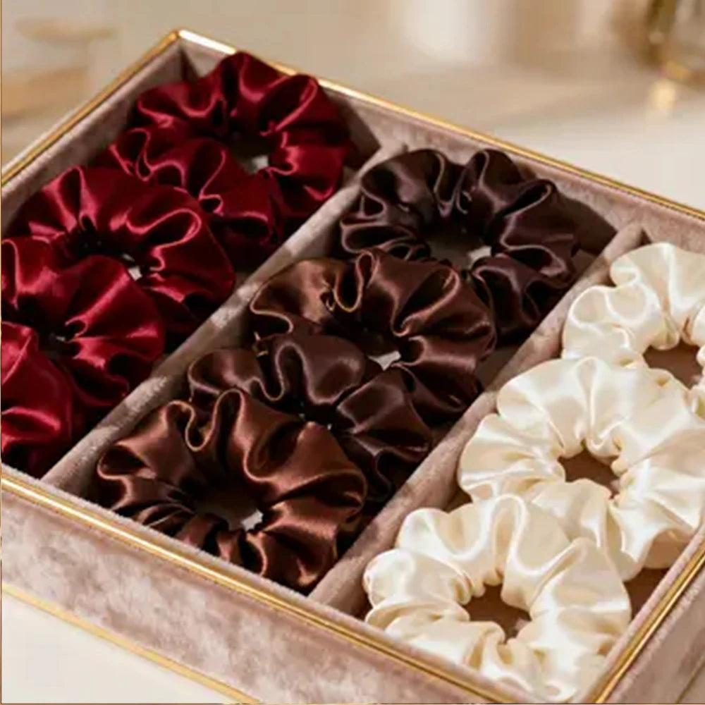 Lot 10 Chouchous Satin Femme Fille - Élastiques Cheveux Soie Bordeaux Marron Crème Élégants Mariage