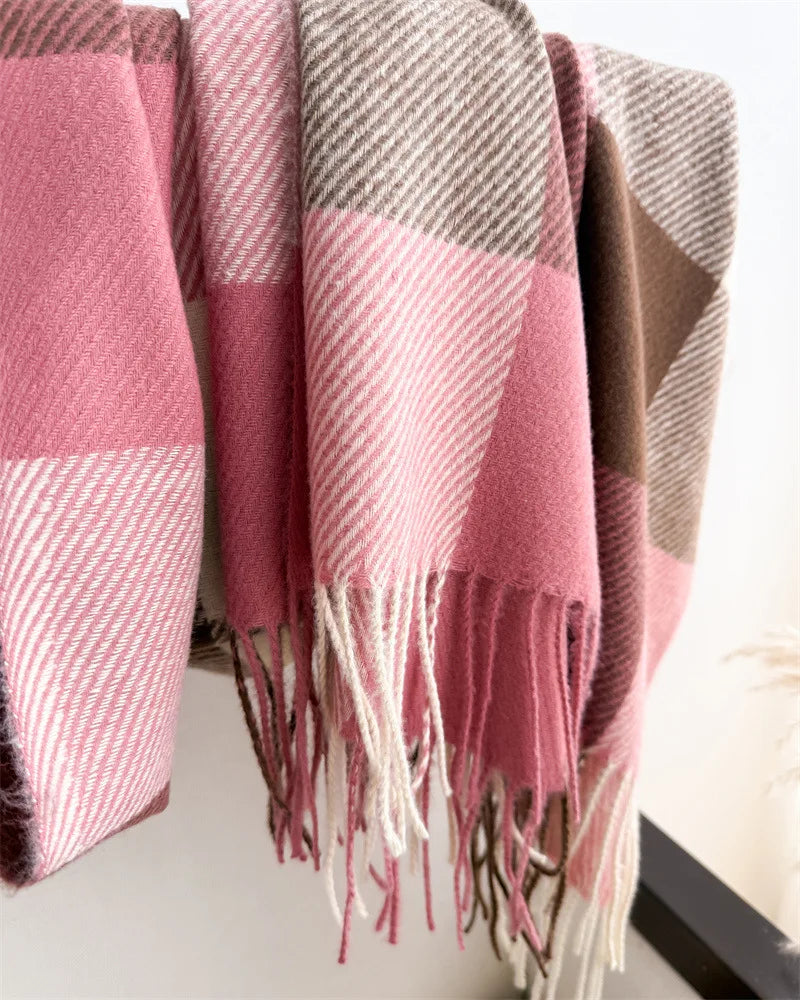 Écharpe Plaid Carreaux Luxe Automne/Hiver - Pashmina Châle Franges Femme Chaud