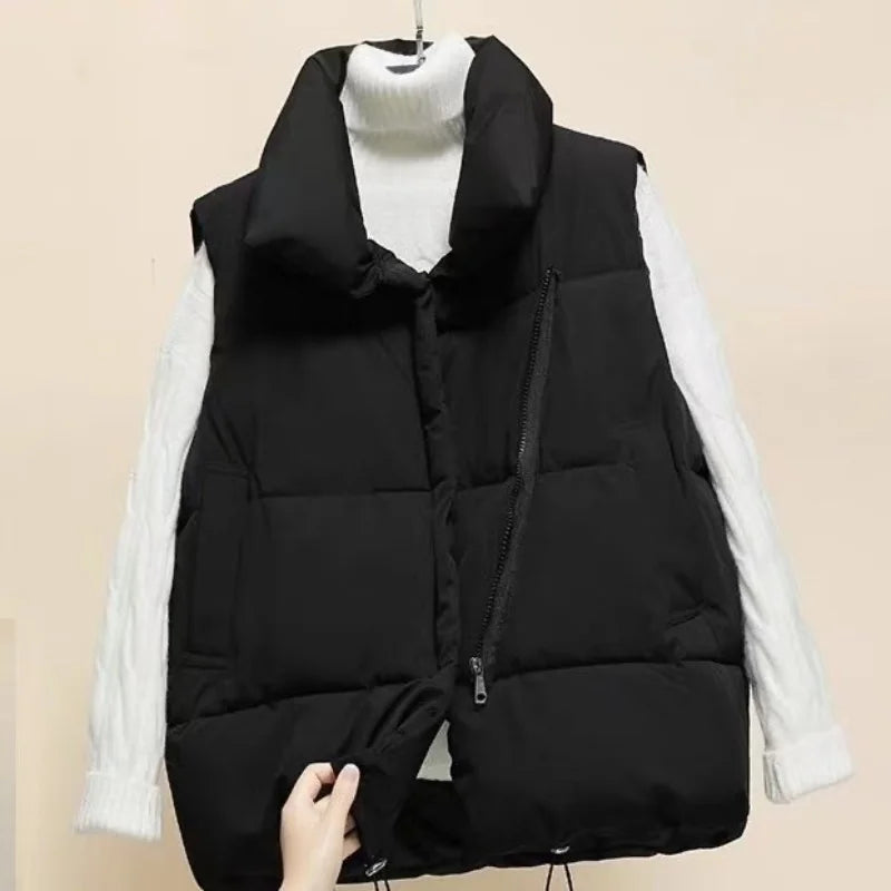 Gilet Femme Hiver Chaud Rembourré - Sans Manches Zip Fashion Loose Col Montant Couleur Unie Manteau