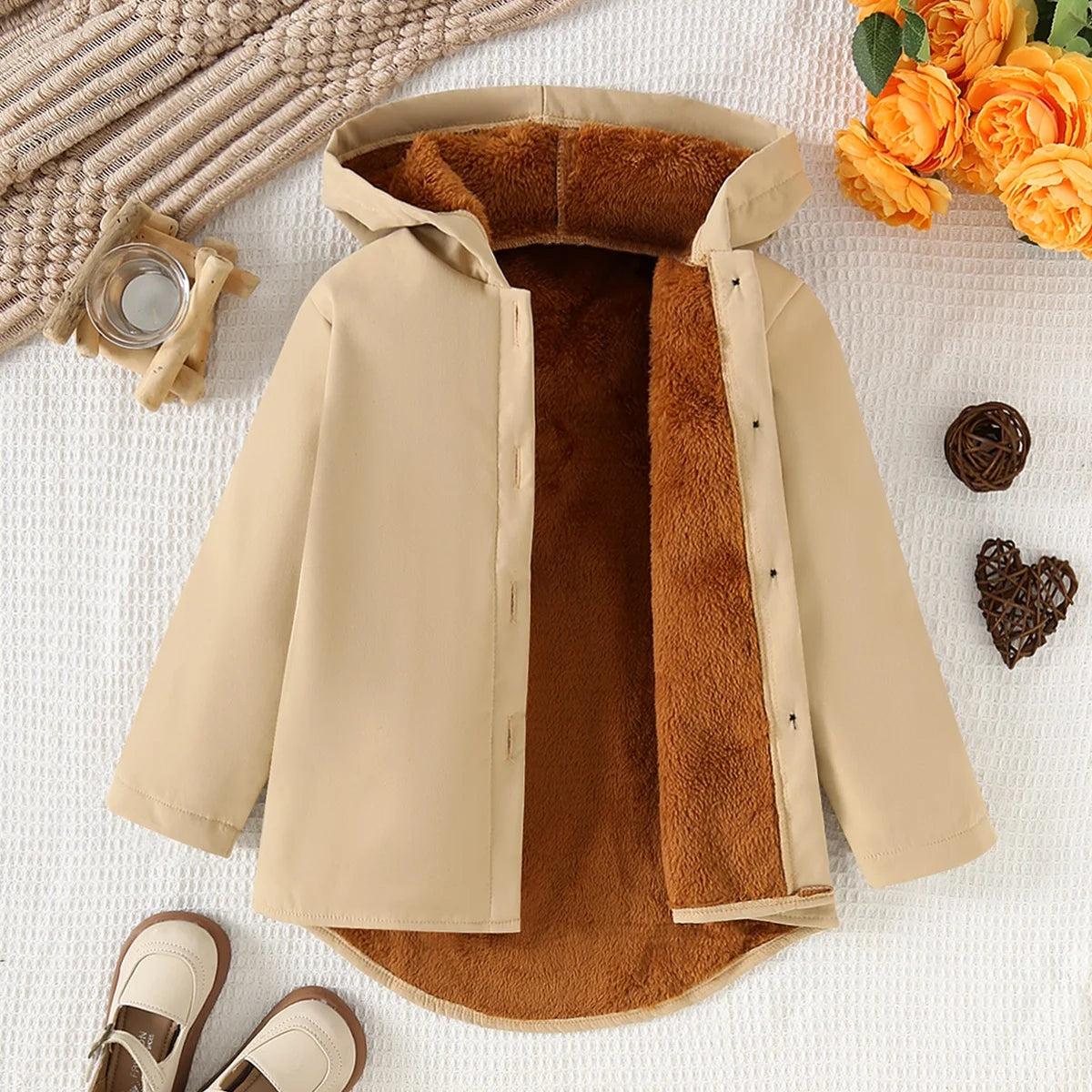 Veste Fille Peluche Épaisse - Manteau Chaud Capuche Couleur Unie