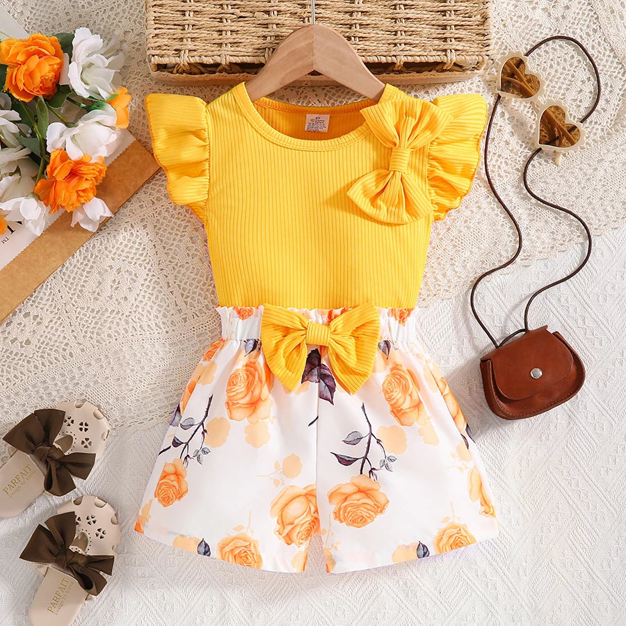 2025 Fashion Girl Summer solid color breathable, wear-resistant and washable knitted top with flower print pattern dress