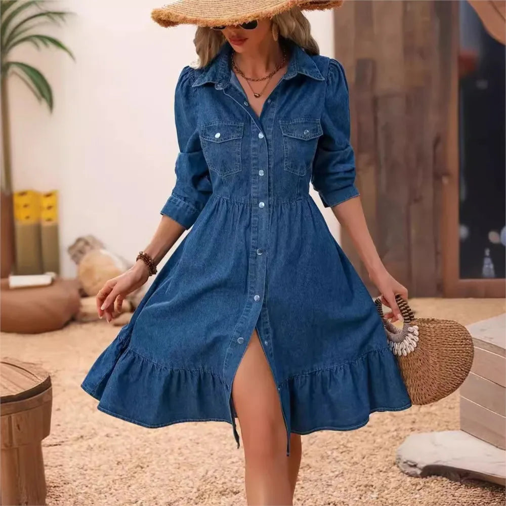 Robe Denim Chemise Manches Courtes - Printemps Été 2025 Taille Slim Patchwork Poches Élégante A-Line Femme