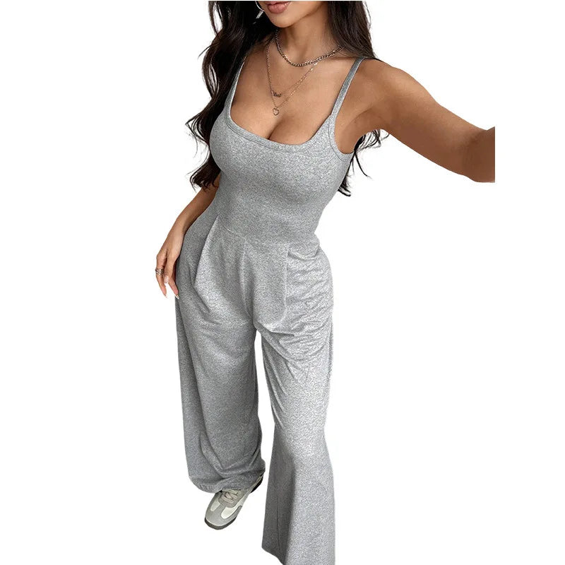 Combinaison Femme Casual Bretelles Dos Nu - Couleur Unie Sans Manches Loose Jambes Larges Simple Style