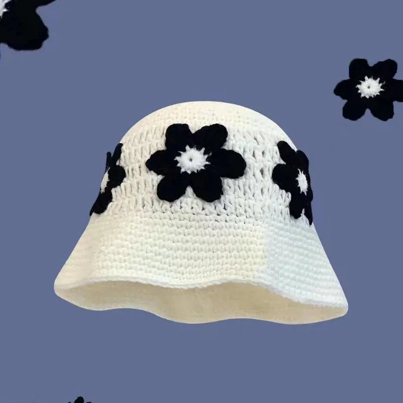 Chapeau Bob Crochet Coréen Fait Main avec Fleurs - Bonnet Tricoté Y2K Femme pour Automne Hiver