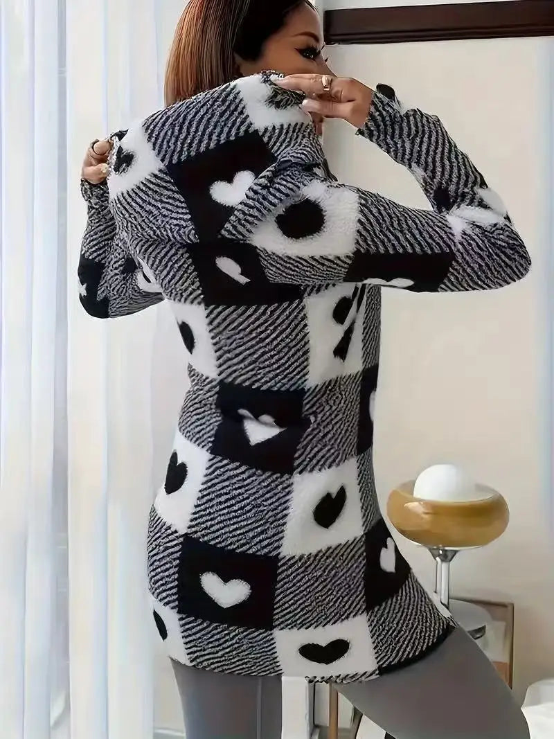 Manteau Femme Hiver Chaud Peluche - Carreaux Capuche Long Zip Cardigan