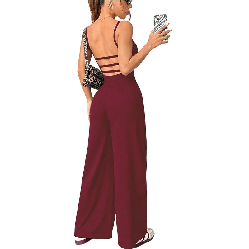 Combinaison Femme Casual Bretelles Dos Nu - Couleur Unie Sans Manches Loose Jambes Larges Simple Style