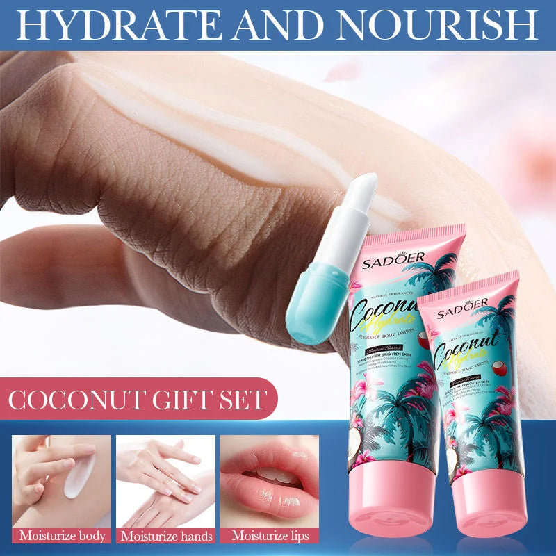 Coffret Cadeau Hydratant Coco 3 Pièces - Lotion Corps Crème Mains Baume Lèvres Nourrissant Hiver