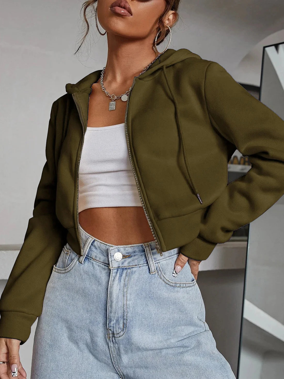 Hoodie Zippé Femme Épaules Tombantes - Sweat à Capuche Court Casual