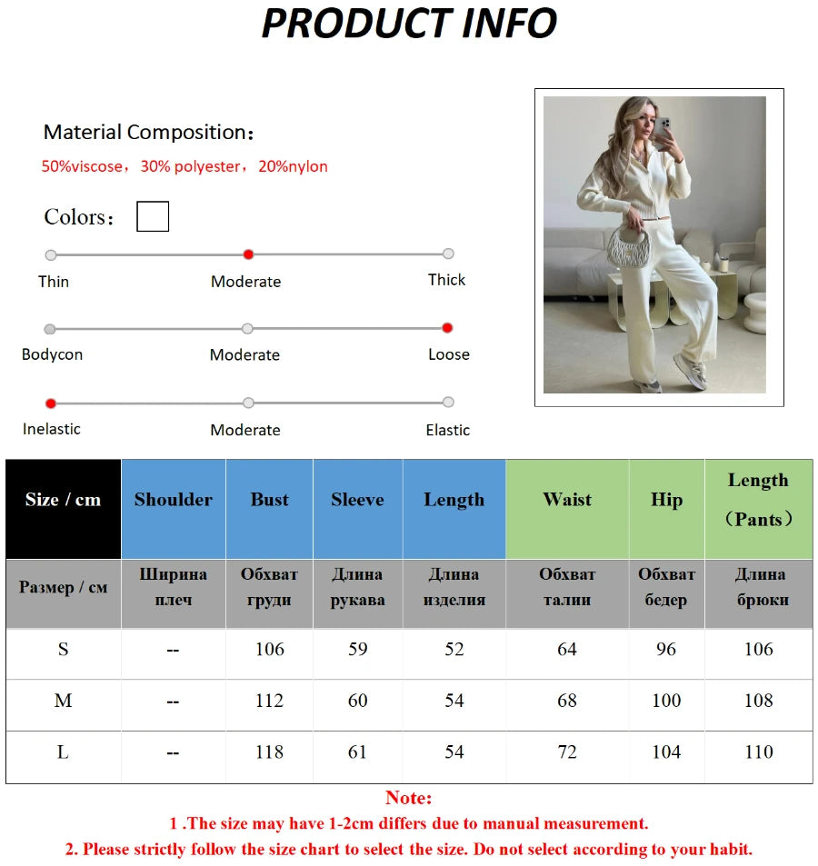 Ensemble Femme 2 Pièces Maille - Cardigan Zippé Court & Pantalon Large Taille Élastique Automne-Hiver