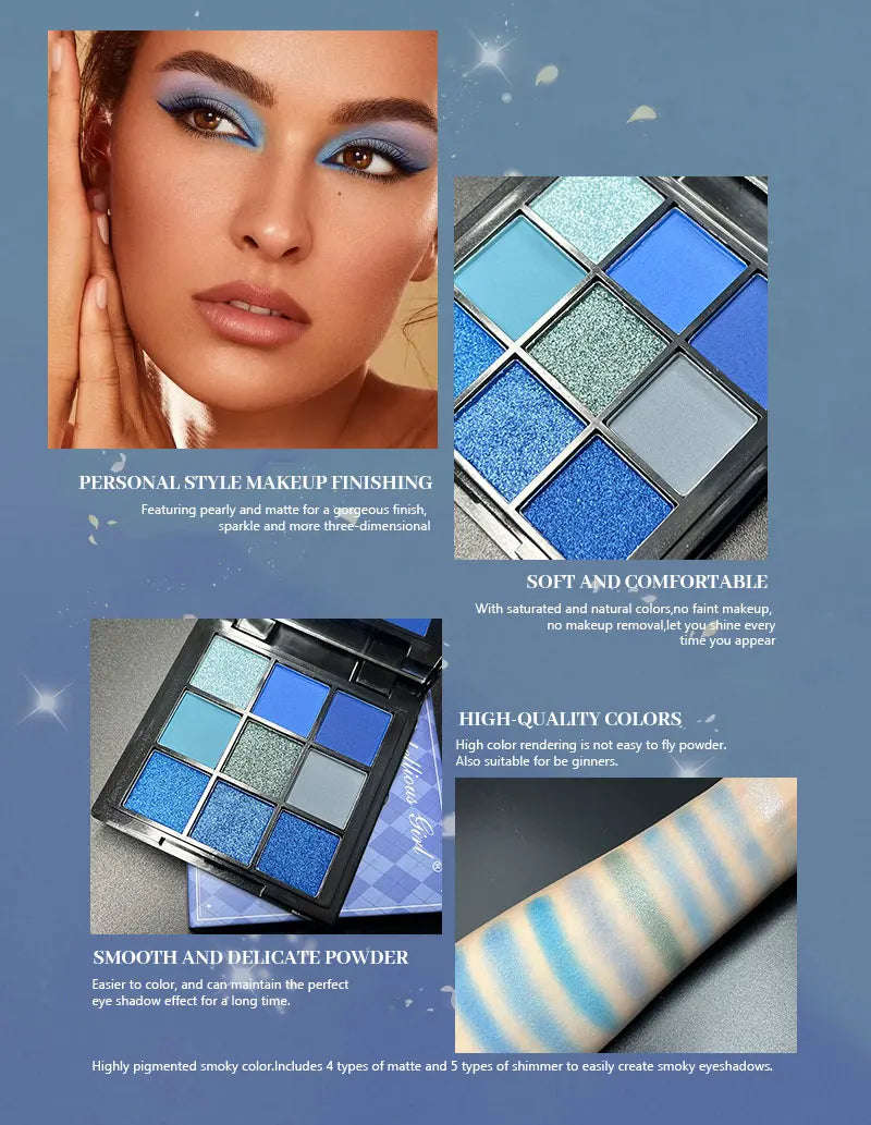 Palette Fard à Paupières Bleu Luxe 9 Couleurs - Mat Velours et Paillettes Waterproof Smoky Eyes Longue Tenue