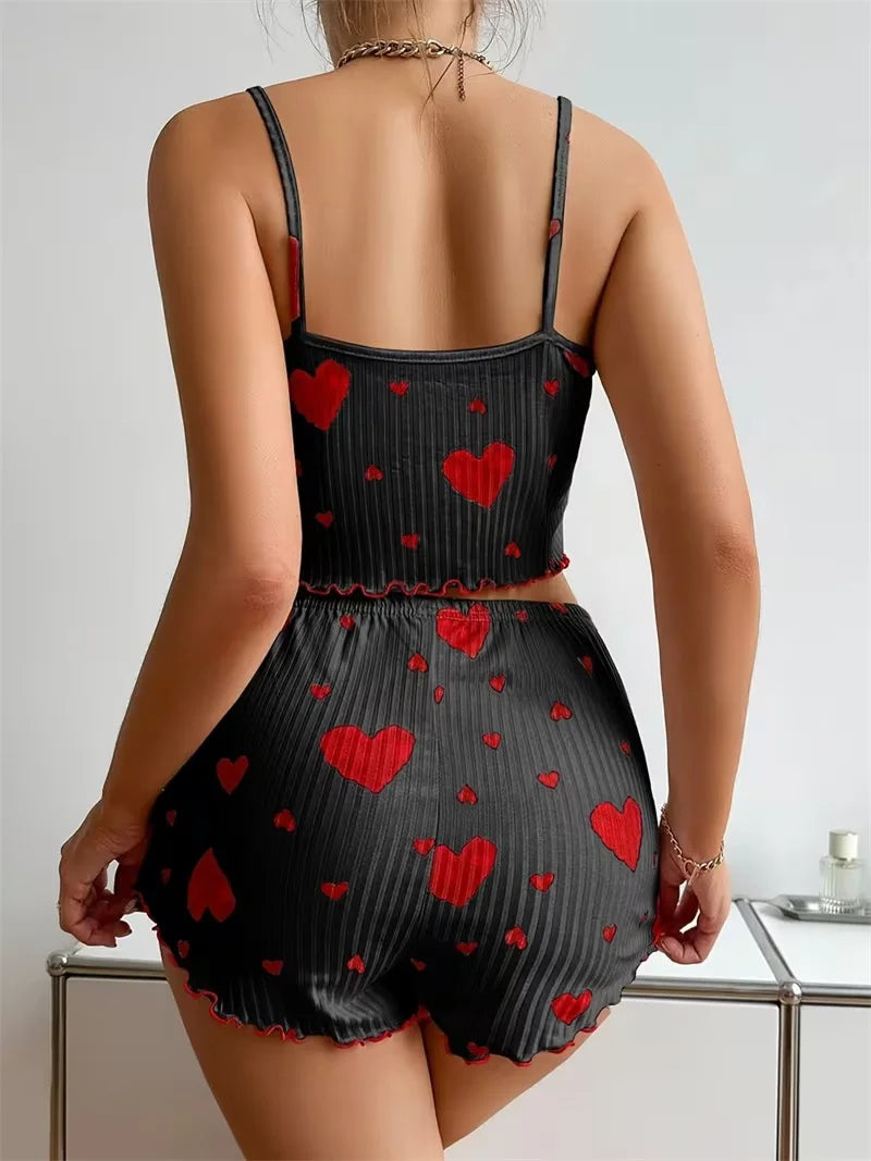 Ensemble Pyjama Débardeur Bretelles Spaghetti + Short - Imprimé Homewear Lingerie Sexy Femme