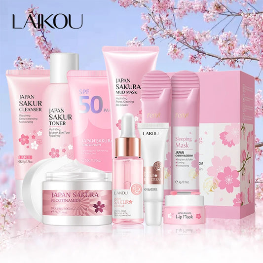 Kit Soin Visage Sakura 9 Pièces - Nettoyant Crème Masque Protection Solaire Contour Yeux Coréen