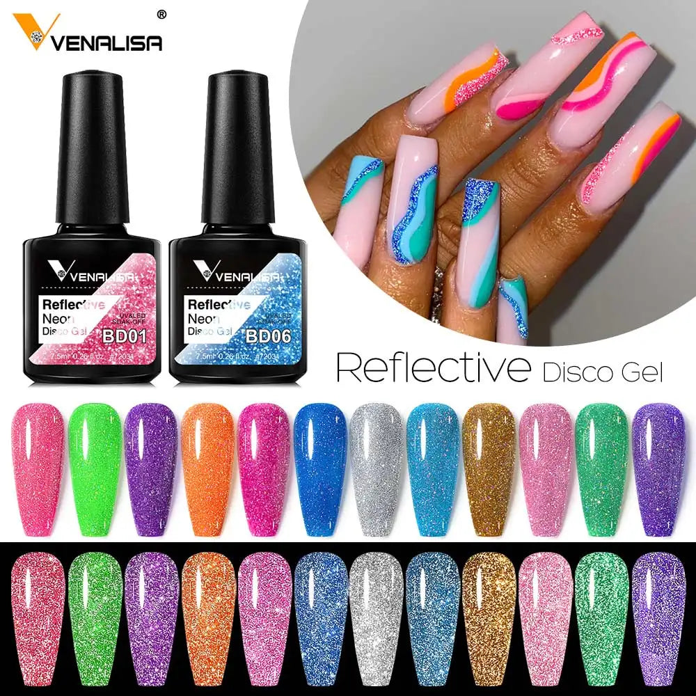 Vernis Gel Ongles Paillettes Réfléchissantes VENALISA - Néon Couverture Complète UV Manucure Nail Art