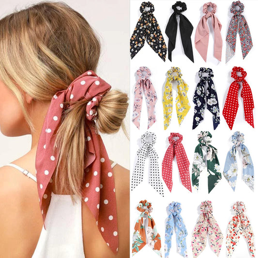 Chouchous Long Ruban Mousseline Imprimé Mode - Foulard Queue Cheval Élastique Cheveux Femme Fille Accessoires