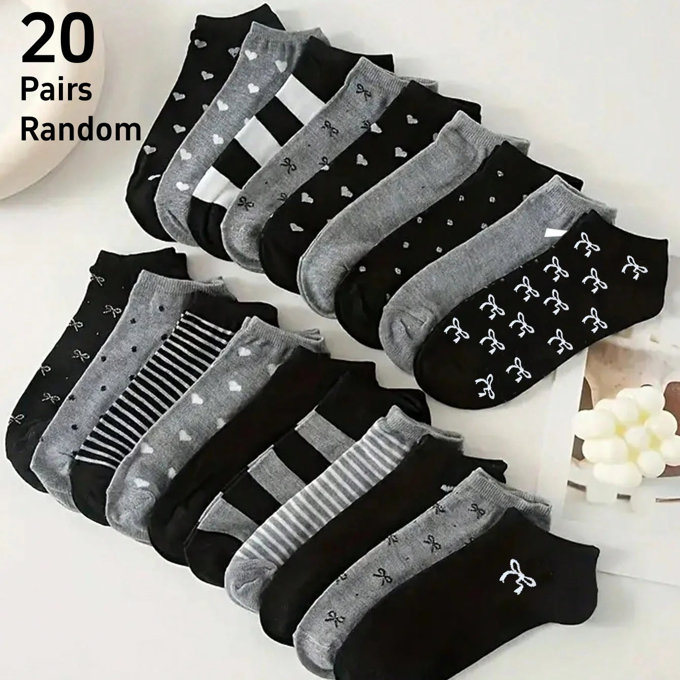 Chaussettes Famille 3-20 Paires Assorties - Noir Gris Nœud Cœur Rayures Courtes Femme Homme Matching