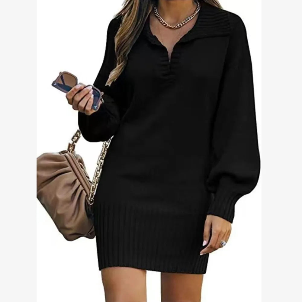 Robe Pull Femme Mi-Longue - Sweater Dress Col Polo Manches Lanterne Tricot Élégant Automne Hiver