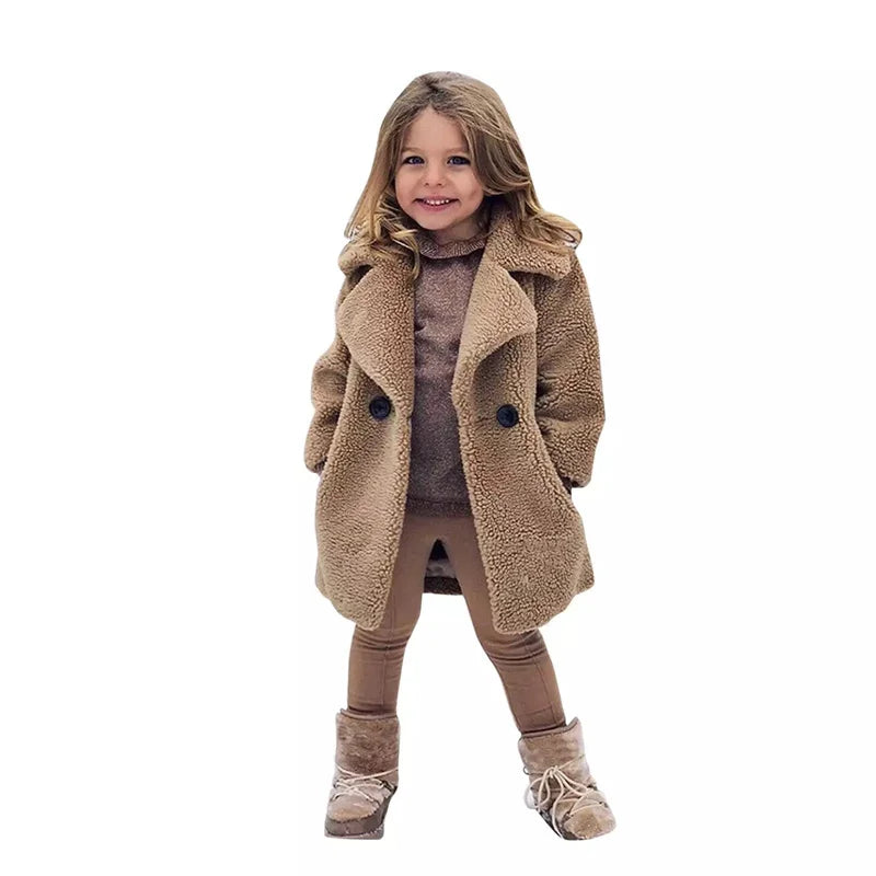Veste Laine d'Agneau Enfant - Manteau Chaud Hiver Polaire - Boutons Simple Rangée 2-14 Ans