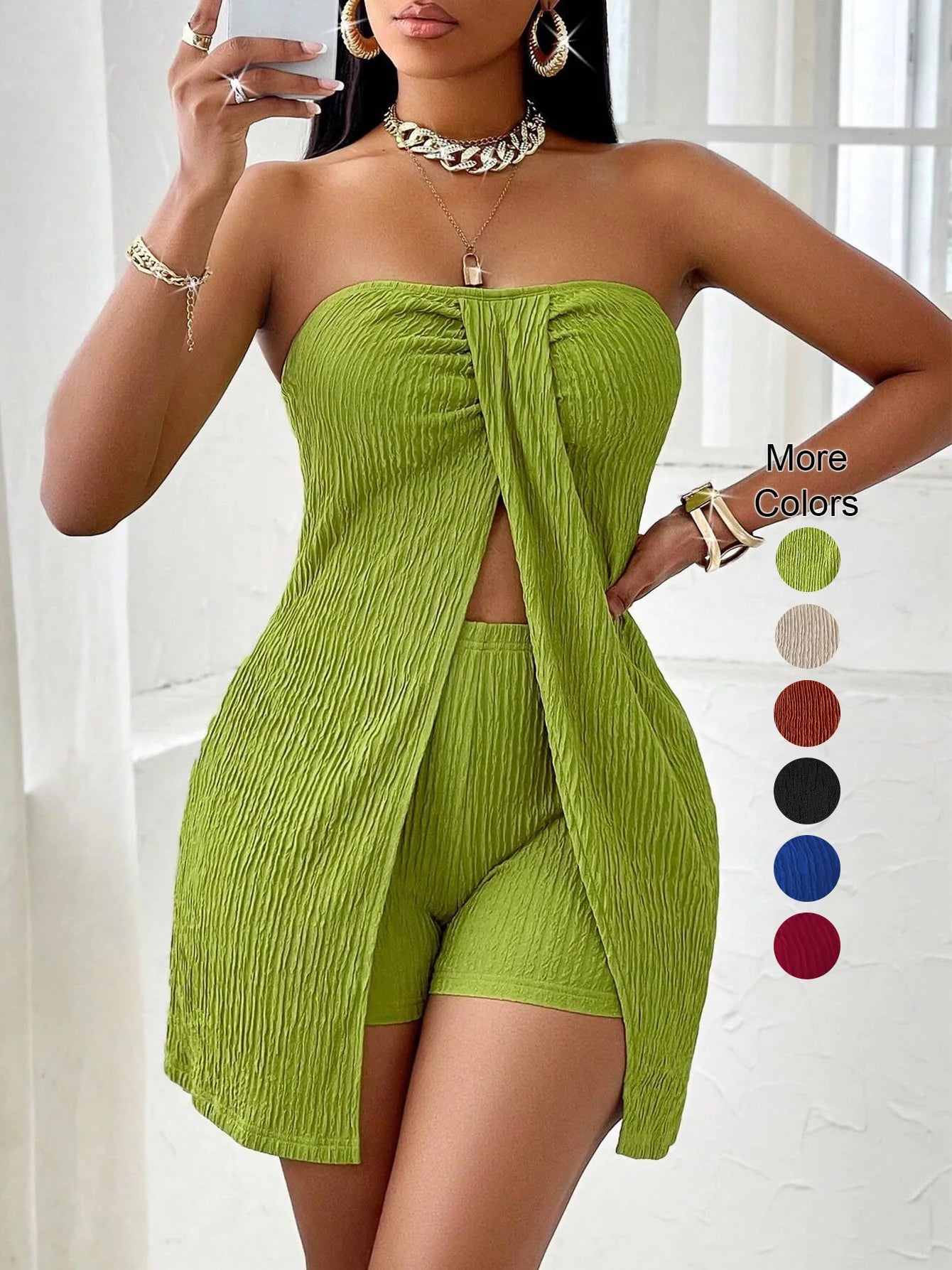 Ensemble Short Taille Haute Femme - Bretelles Ajustables Fentes Latérales Casual