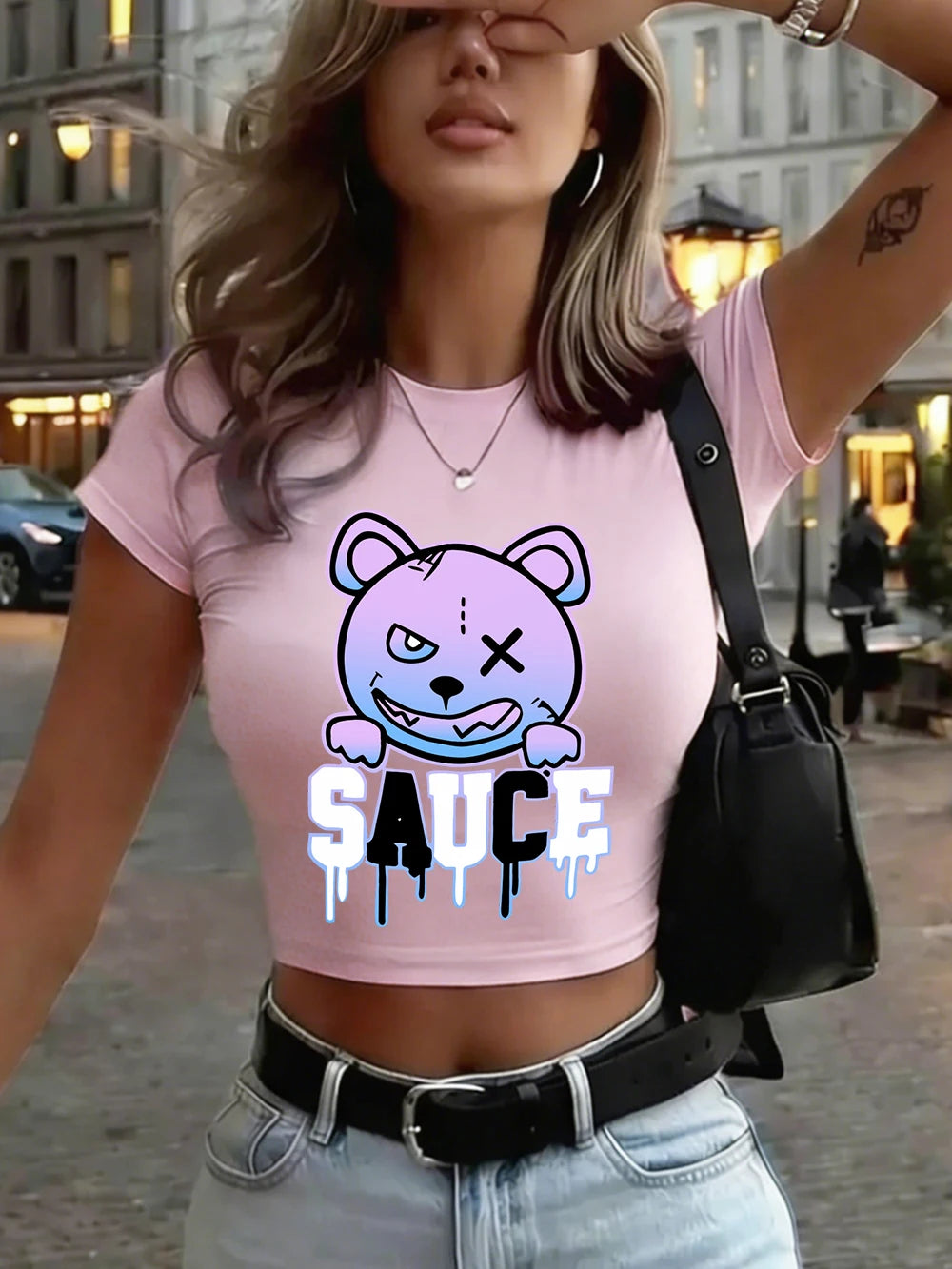 Top Crop Femme Melted Colored Cartoon Bear - T-Shirt Doux Slim Col Rond Été