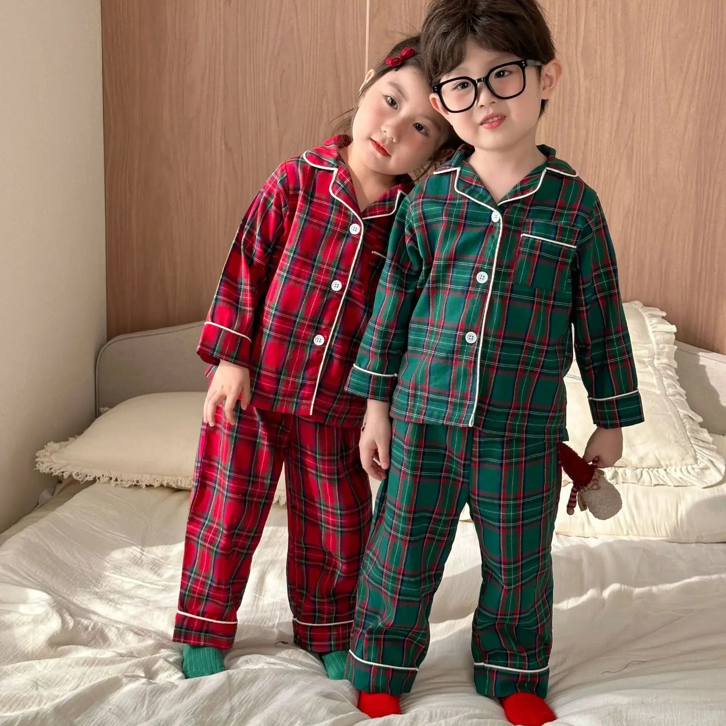 Pyjama Noël Enfant - Ensemble Coton Carreaux 2 Pièces Boutons Xmas