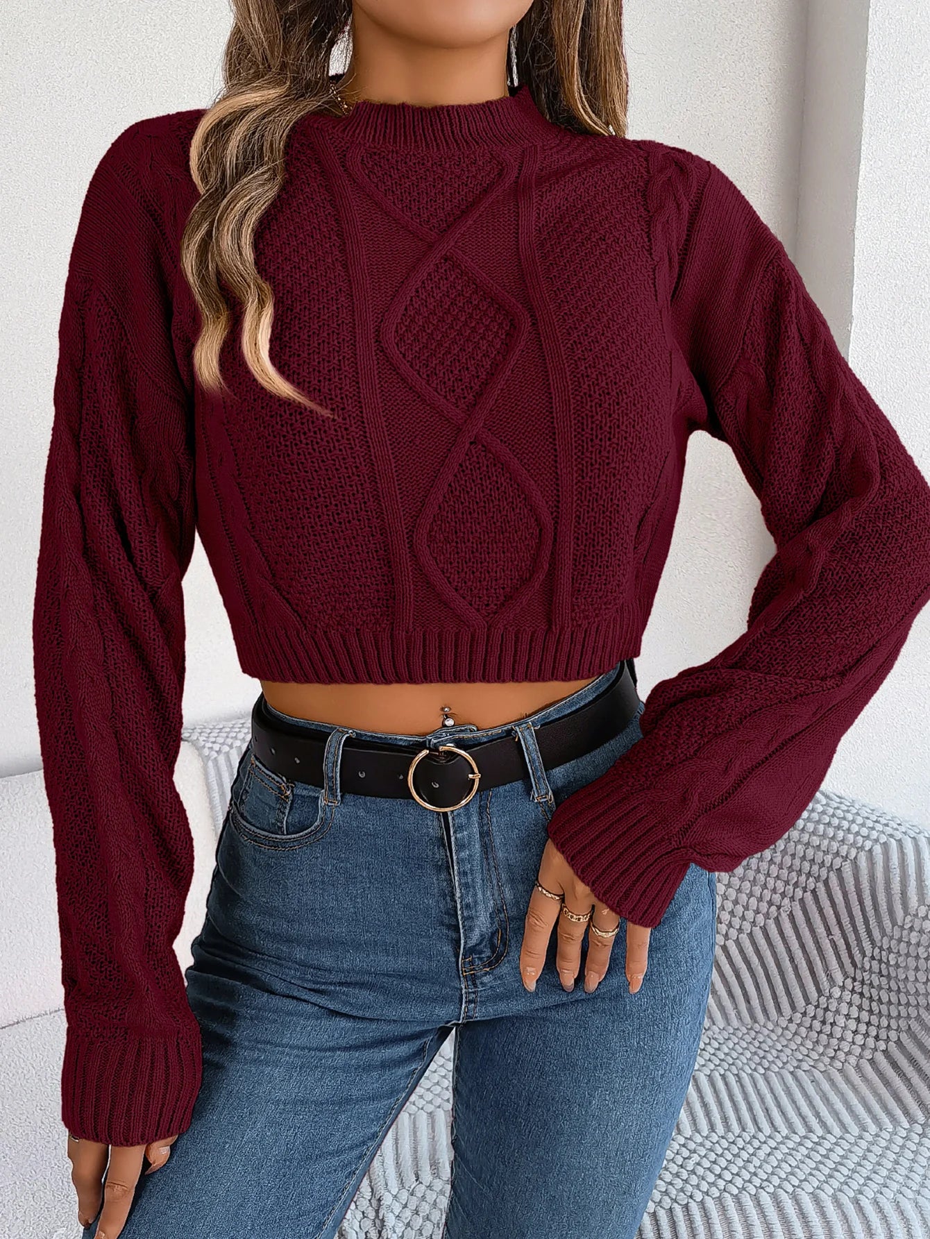 Pull Court Femme Automne Hiver - Crop Top Tricoté Manches Longues Casual