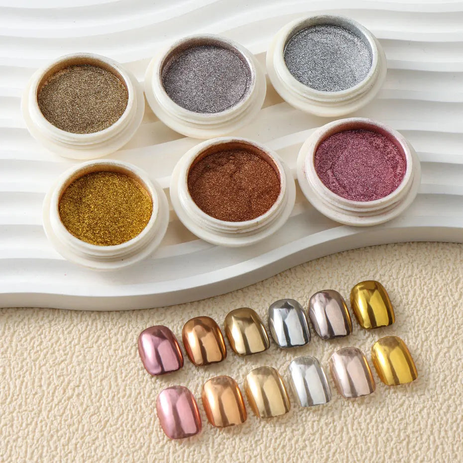 Lot 6pcs Poudre Paillettes Miroir Ongles Or Métallique Rose Gold Argent UV Gel Polish Chrome Pigment Flocons Manucure Décor