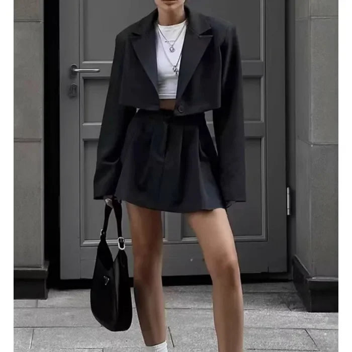 Ensemble Femme 2 Pièces Blazer Chic - Veste Courte Crop & Jupe Mini Plissée Streetwear