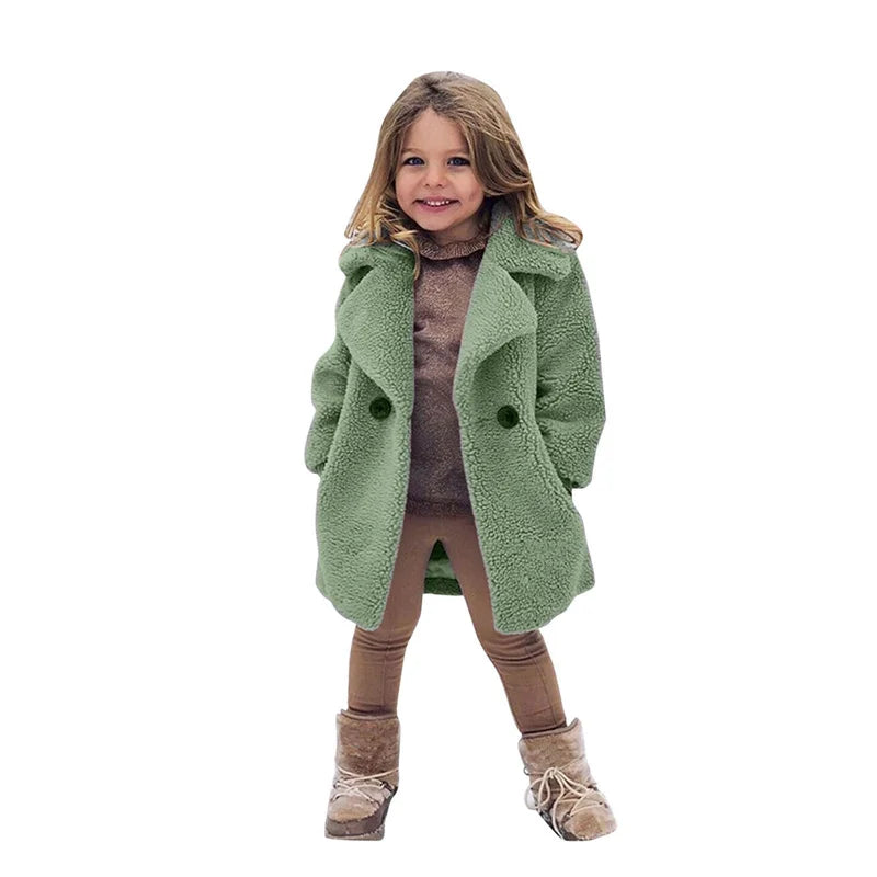 Veste Laine d'Agneau Enfant - Manteau Chaud Hiver Polaire - Boutons Simple Rangée 2-14 Ans