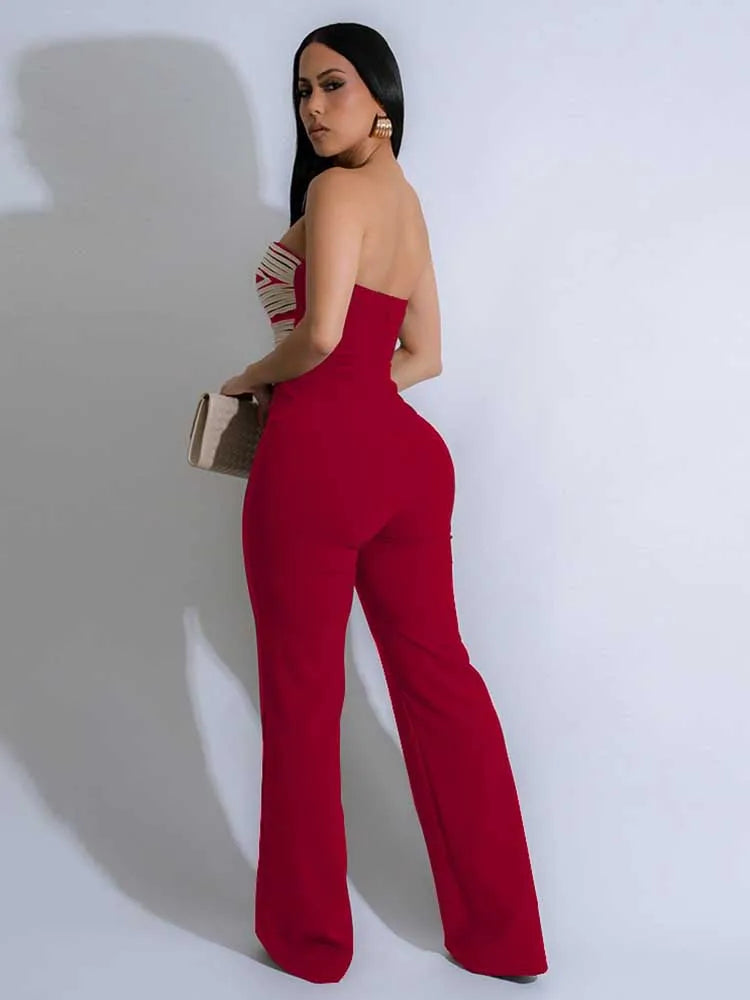 Combinaison Longue Bustier Dos Nu - Jumpsuit Sexy Découpé Taille Soirée