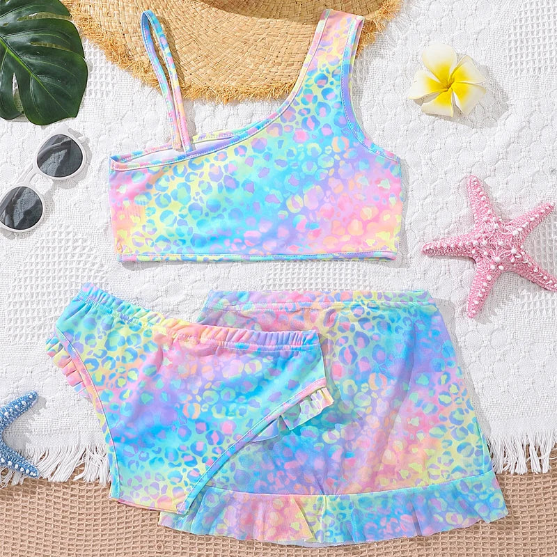 Ensemble Maillot de Bain Fille 3 Pièces Coloré - Bikini + Jupe 8-14 ans
