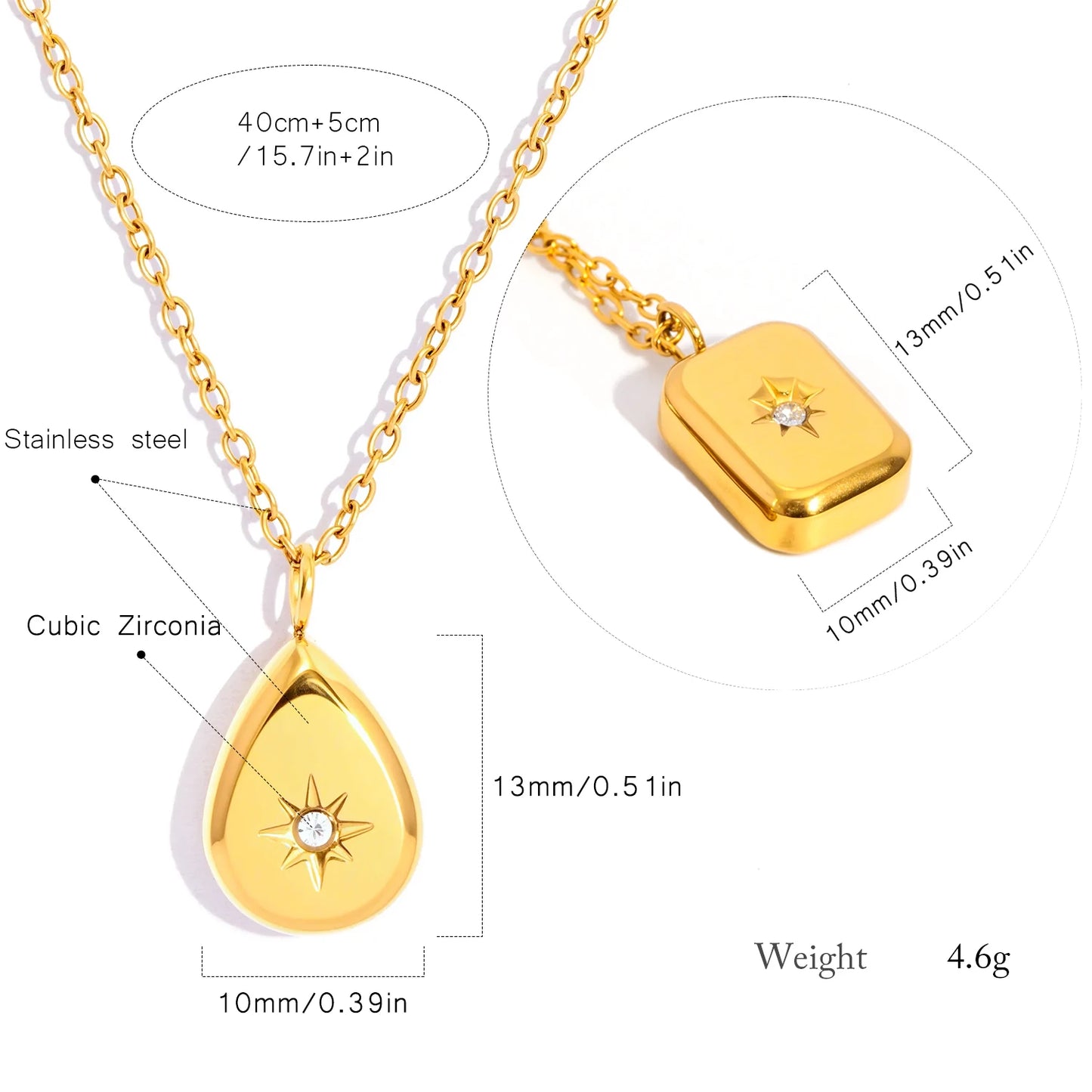 Collier Femme Pendentif Carré Briolette - Acier Inoxydable Or 18K Hypoallergénique
