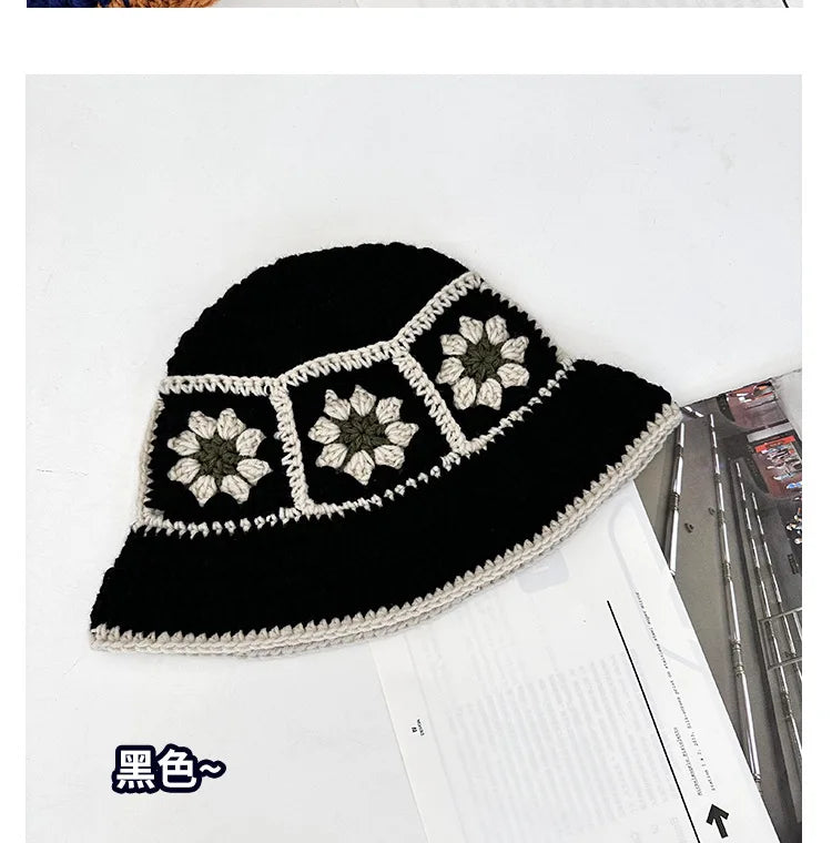 Chapeau Bob Crochet Coréen Fait Main avec Fleurs - Bonnet Tricoté Y2K Femme pour Automne Hiver