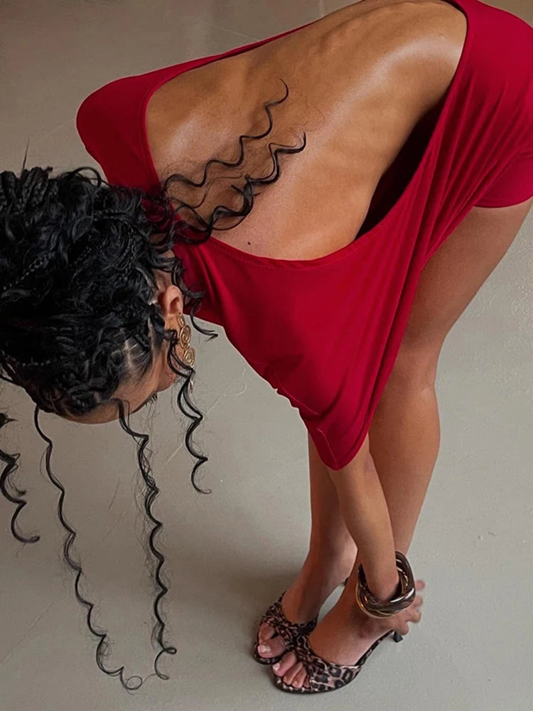 Robe Mini Dos Nu Femme Manches Courtes - Robe Moulante Sexy Y2K Streetwear