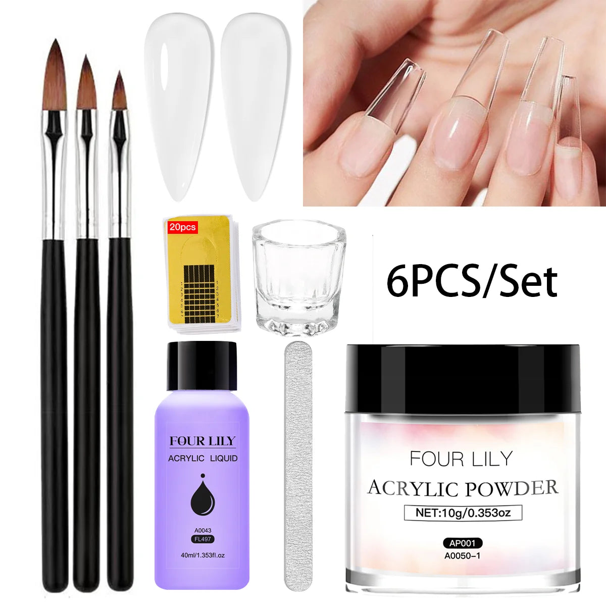 Set Poudre Acrylique 10g + Liquide 40ml avec Pinceau - Rose Blanc Transparent Extension Ongles Sculpture
