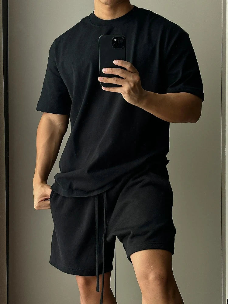 Ensemble Homme 2 Pièces Coton - T-Shirt Manches Courtes & Short Sport Streetwear Loose