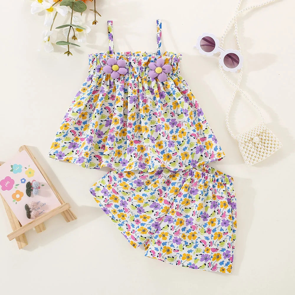 Ensemble 2 pièces bébé fille été - Top bretelles fleurs + Short mousseline