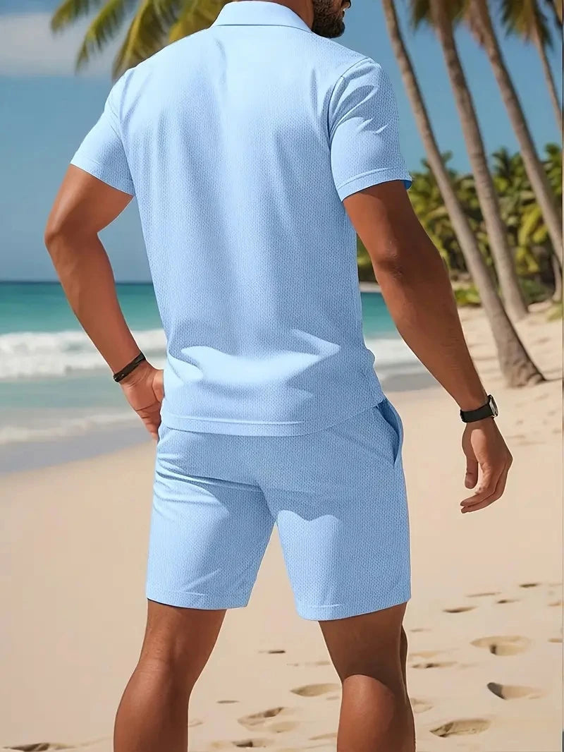 Ensemble Homme 2 Pièces Grande Taille - Polo Manches Courtes à Boutons & Short Mesh Respirant Été Casual