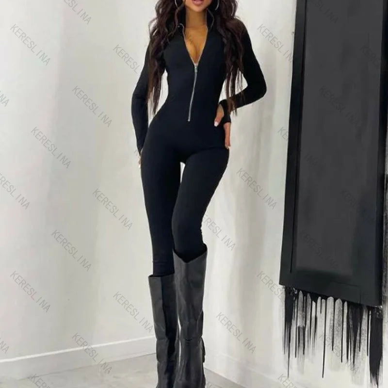 Combinaison Femme Sexy Tempérament Couleur Unie - Zipper Manches Longues American Street Rétro Fashion Slim Fit Polyvalente