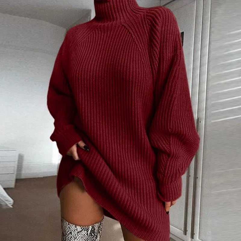 Robe Pull Femme Col Roulé Manches Longues - Robe Tricot Ample Automne Hiver