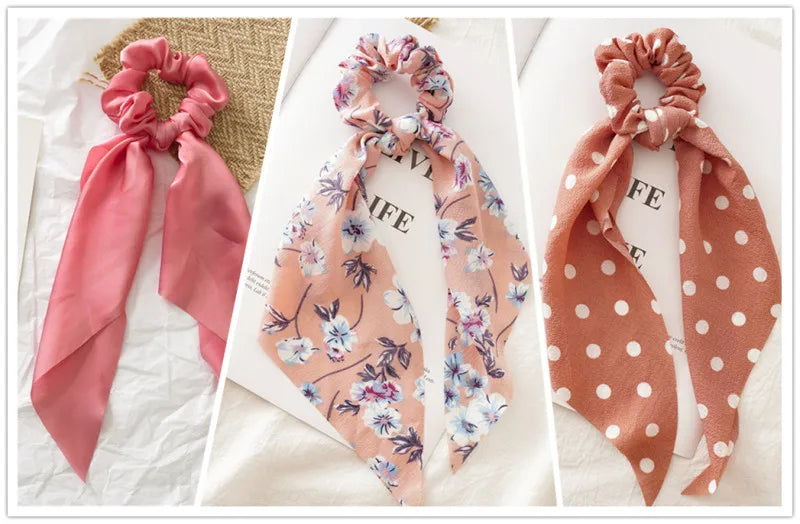 Lot 3pcs Chouchous Cheveux Long Ruban Noué Femme Fille - Élastiques Queue de Cheval Bandeau Accessoires Mode