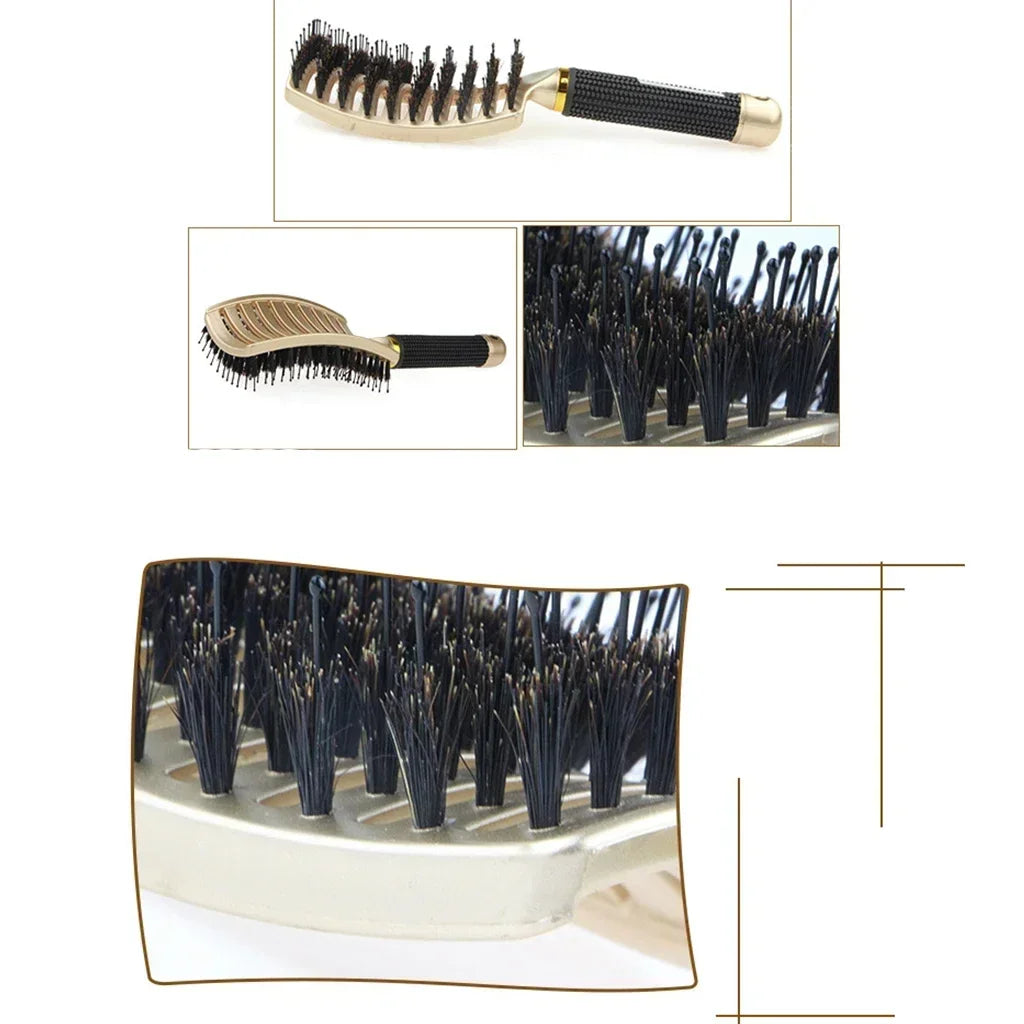 Brosse Cheveux Massage Cuir Chevelu - Poils Sanglier Nylon Femme Mouillés Bouclés Démêlage Salon Coiffure