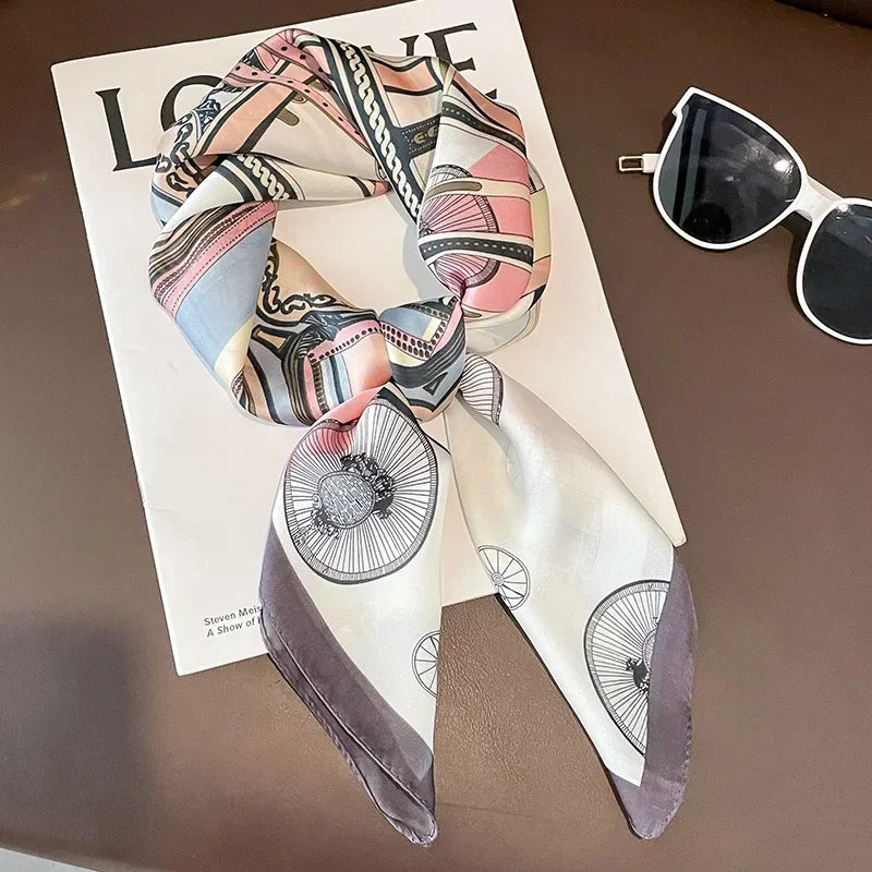 Foulard Carré Soie Imprimé Luxe Femme - Bandeau Cheveux Satin Cheval Bureau Hijab