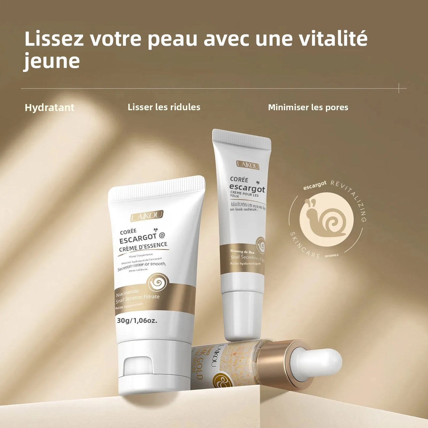 Set Luxe Sérum Or 24K Bave d'Escargot - Crème Yeux Essence Réparation Hydratant Anti-Rides Pores Lissant Soin Visage